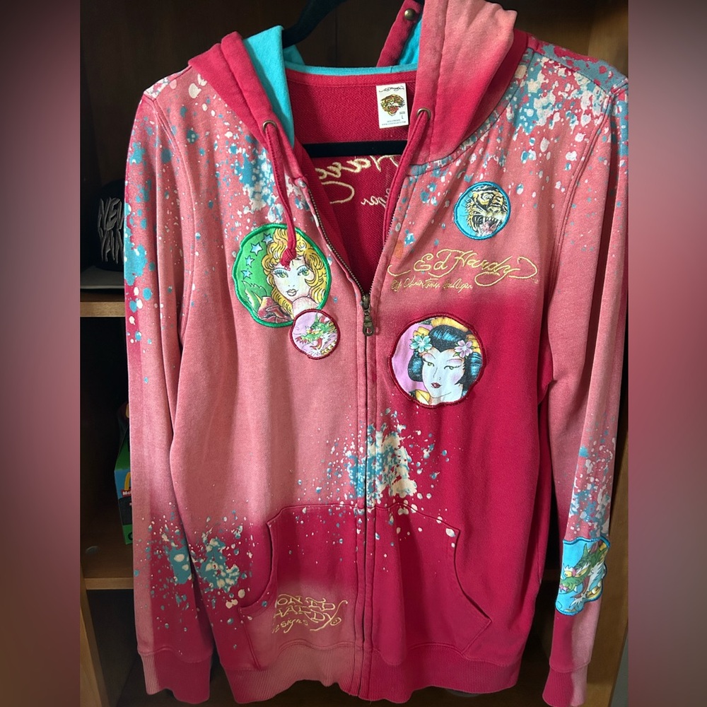 ED HARDY 1990s Vibrant Red and Teal Hoodie